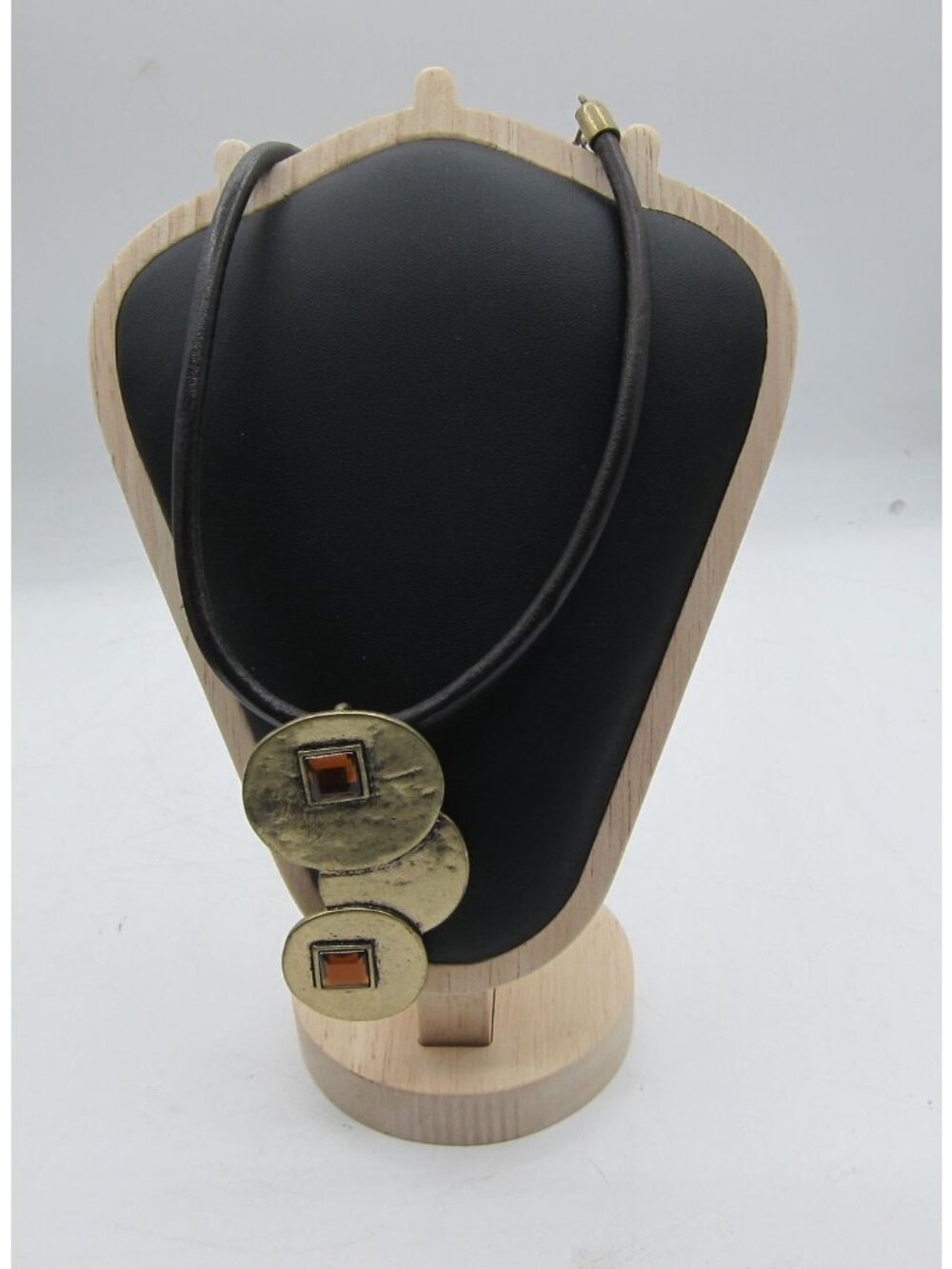 VLCM Statement Necklace Leather Cord Brass Tone Disc Pendant Orange Geometric